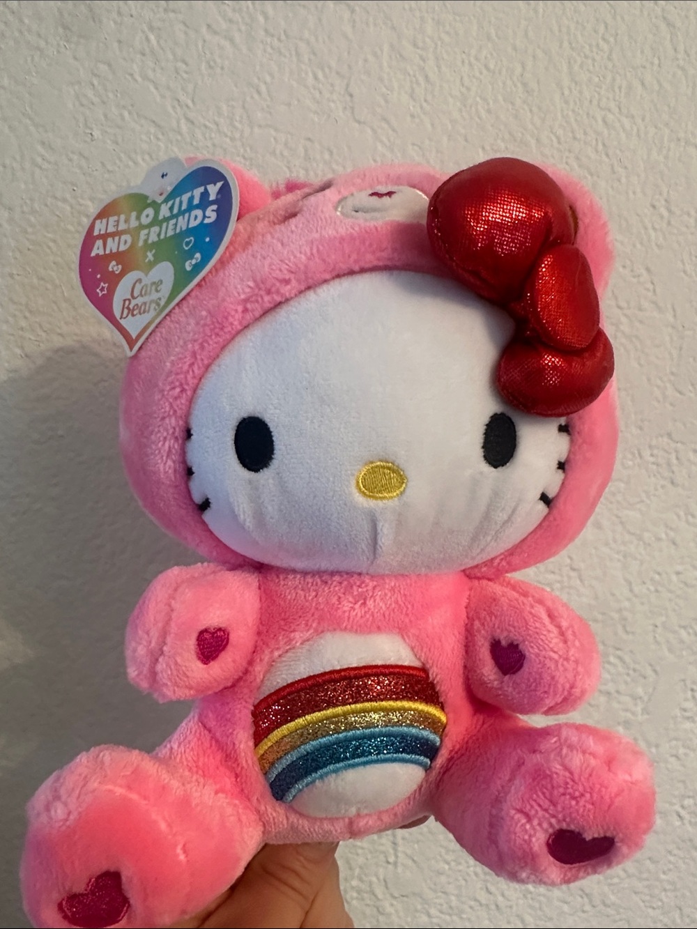 Hello Kitty Pink Plush with Red Shiny Bow and Rainbow Patch